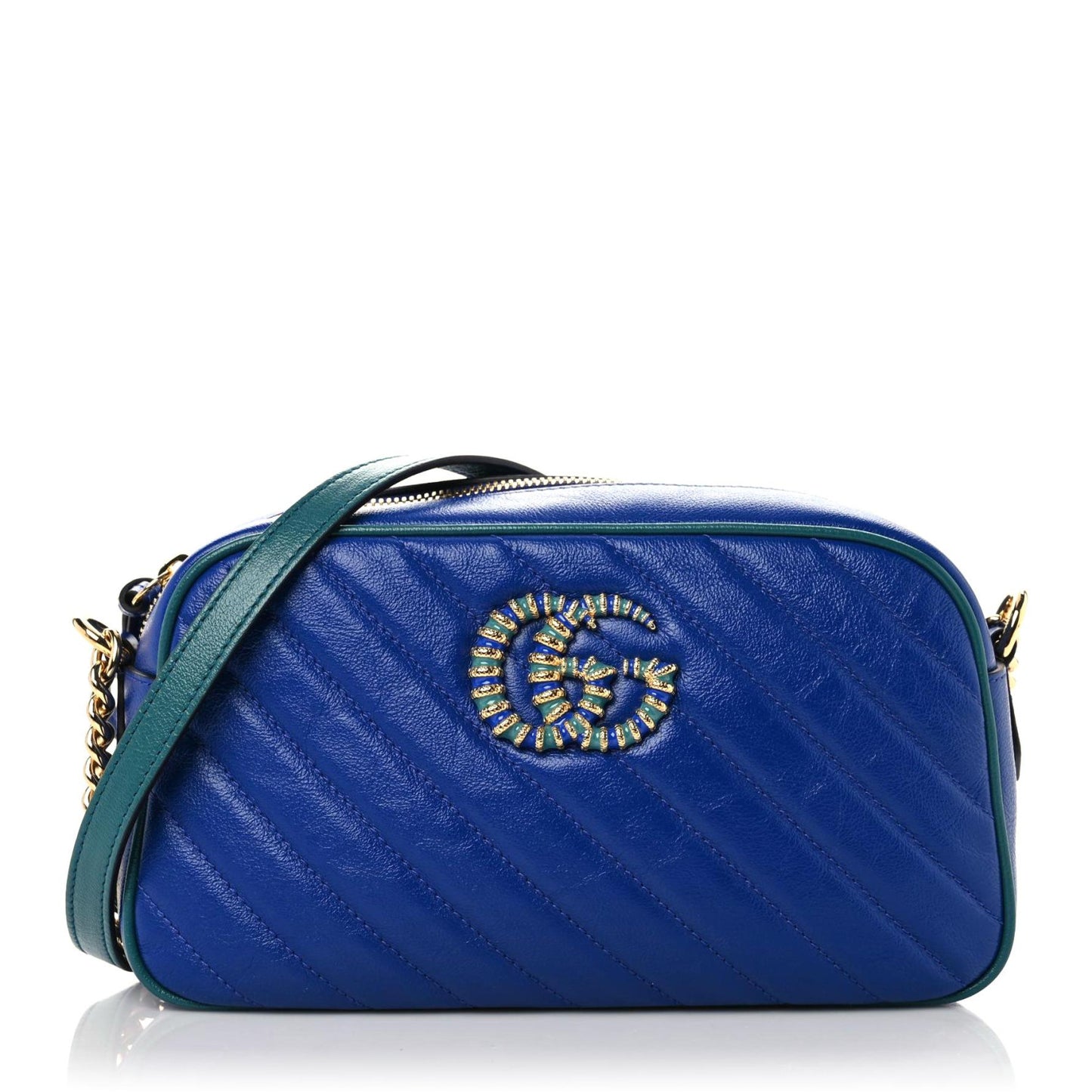 Azalea Calfskin Enamel Matelasse Diagonal Small Torchon GG Marmont Chain Shoulder Bag Imperial Blue Pavone