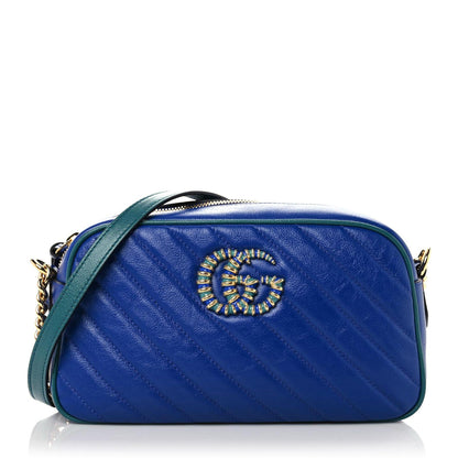 Gucci Azalea Calfskin Enamel Matelasse Diagonal Small Torchon GG Marmont Chain Shoulder Bag Imperial Blue Pavone 1 of 9
