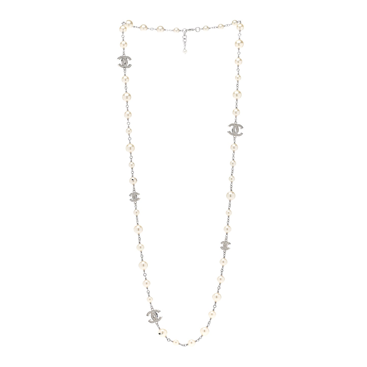 Graduated Pearl Crystal CC Long Necklace Silver