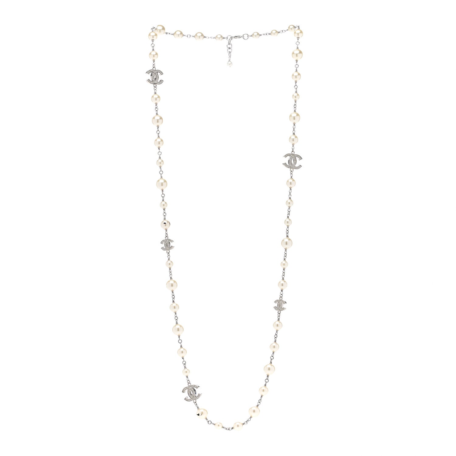 Chanel Graduated Pearl Crystal CC Long Necklace Silver 3 of 6