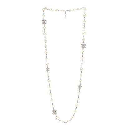 Chanel Graduated Pearl Crystal CC Long Necklace Silver 3 of 6