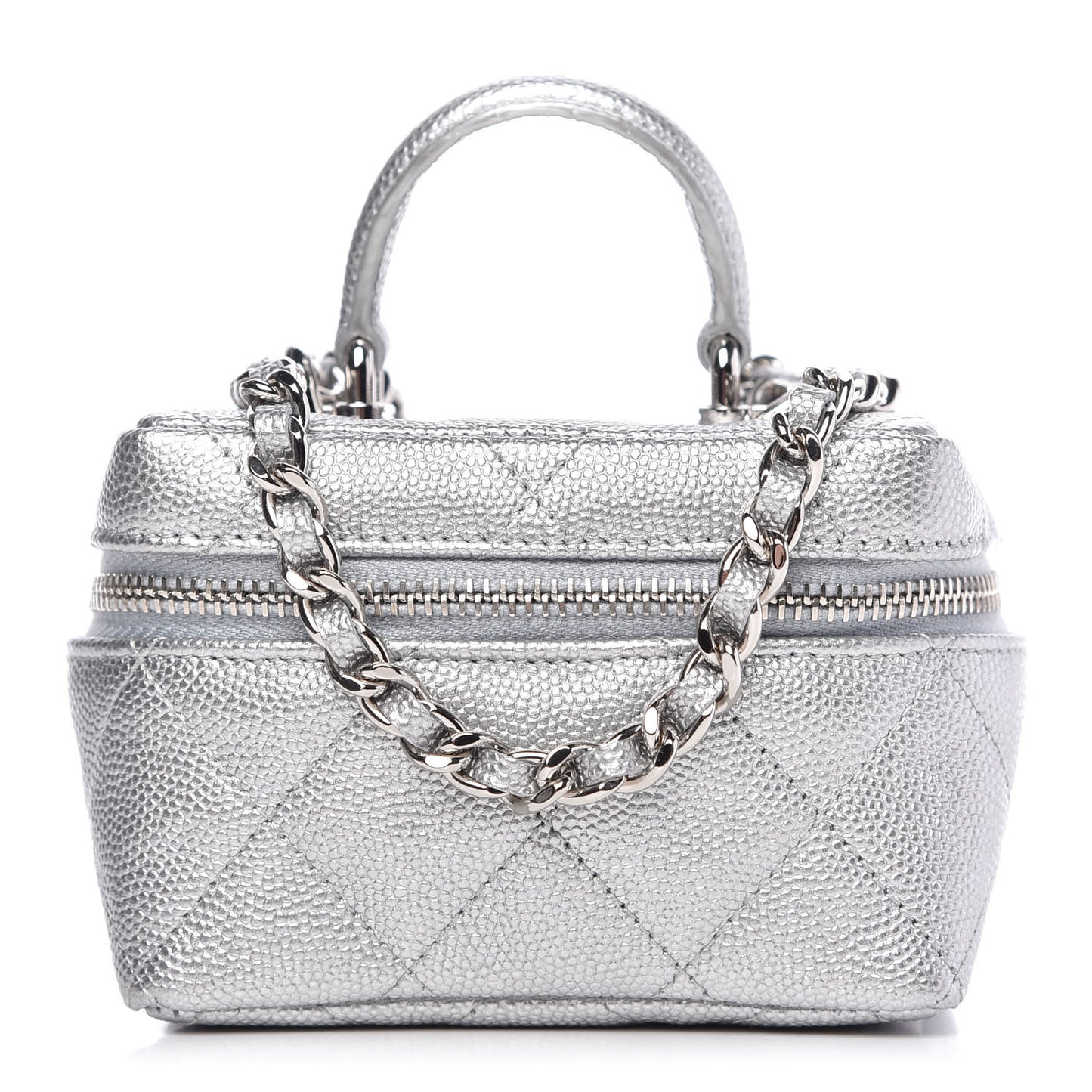 Metallic Caviar Quilted Mini Top Handle Vanity With Chain Silver