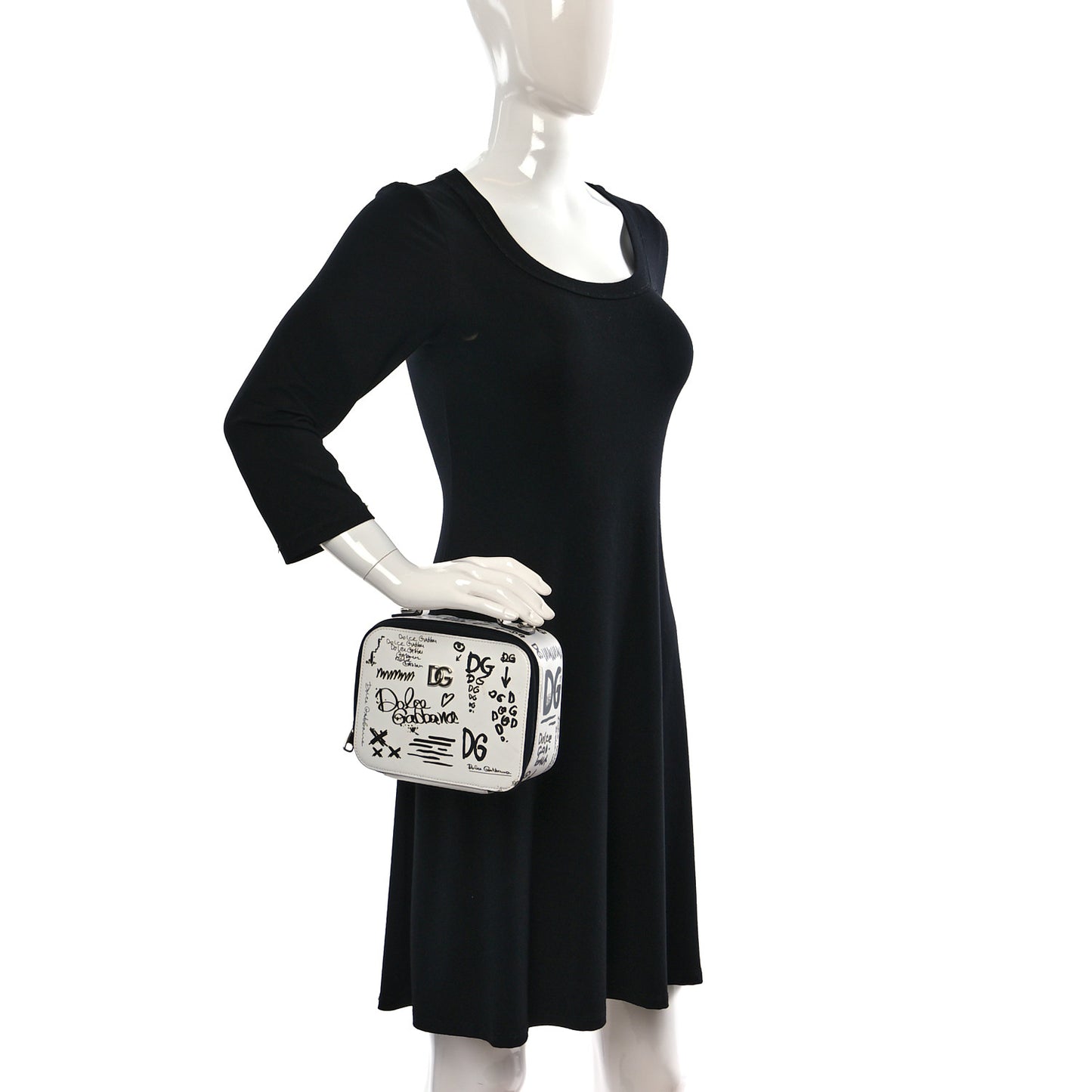 DOLCE & GABBANA Calfskin DG Graffiti Print Top Handle Bag White Black