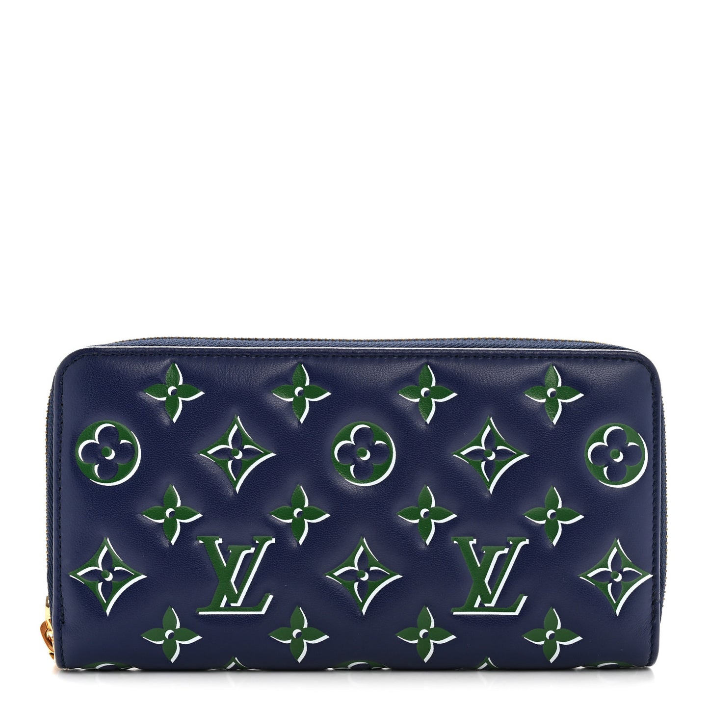 Lambskin Embossed Monogram LV Coussin Zippy Wallet Blue Green