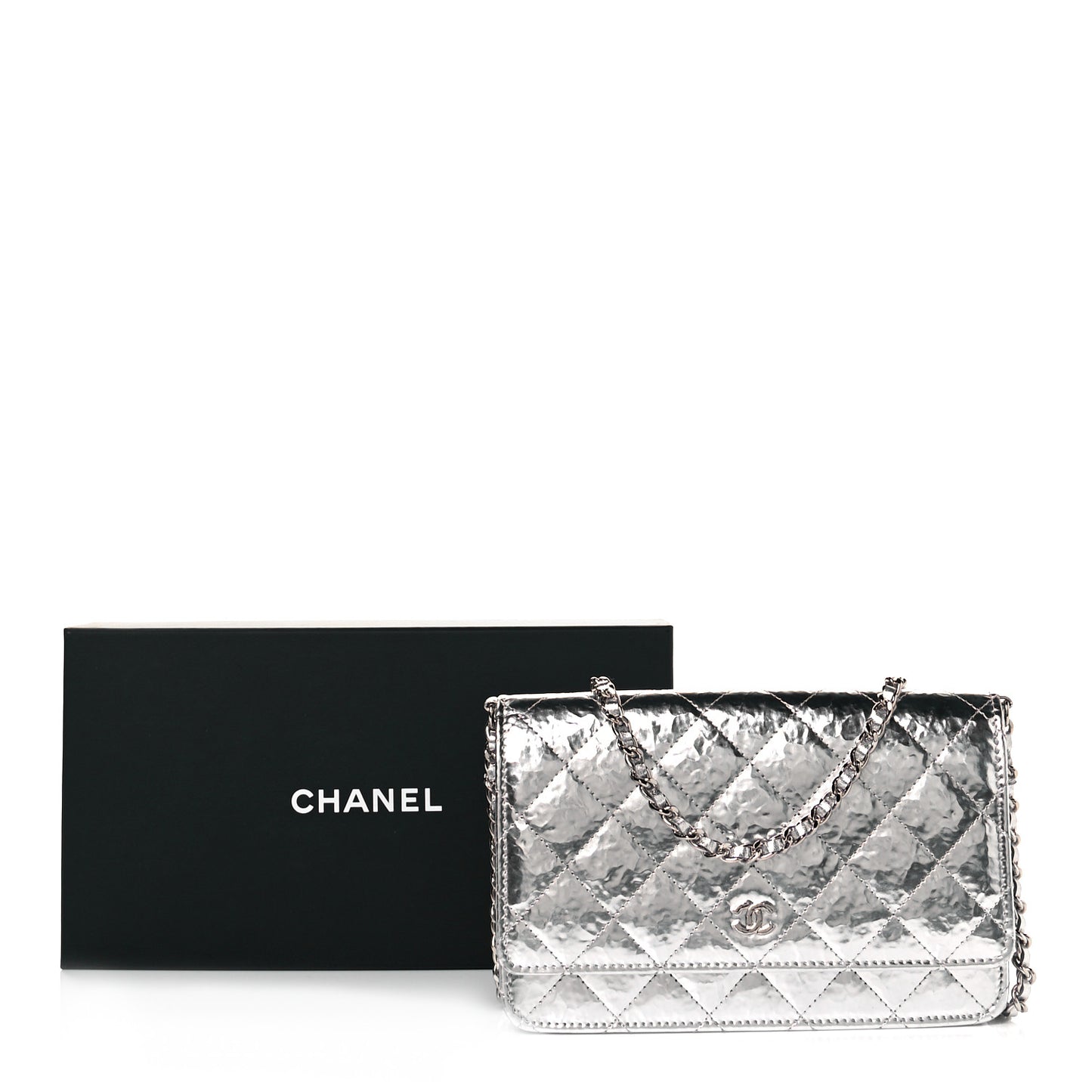 Hammered Metallic Calfskin Quilted Wallet On Chain WOC Silver