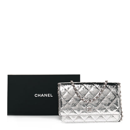 Chanel Hammered Metallic Calfskin Quilted Wallet On Chain WOC Silver 10 of 10