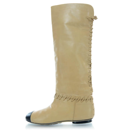 Chanel Leather Lace Up Tall Flat Boots 39 1 of 6