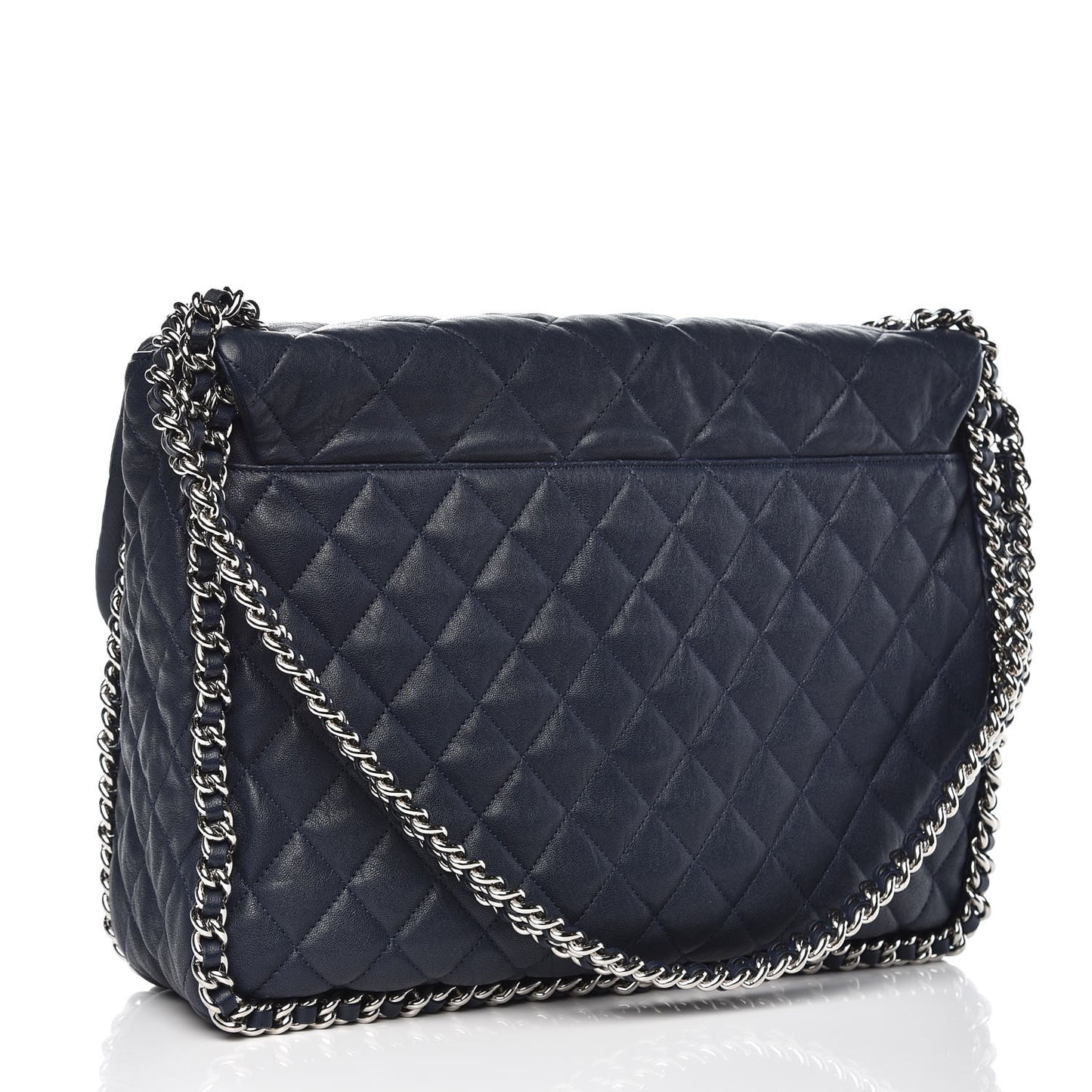Washed Lambskin Quilted Chain Around Maxi Flap Dark Navy Blue