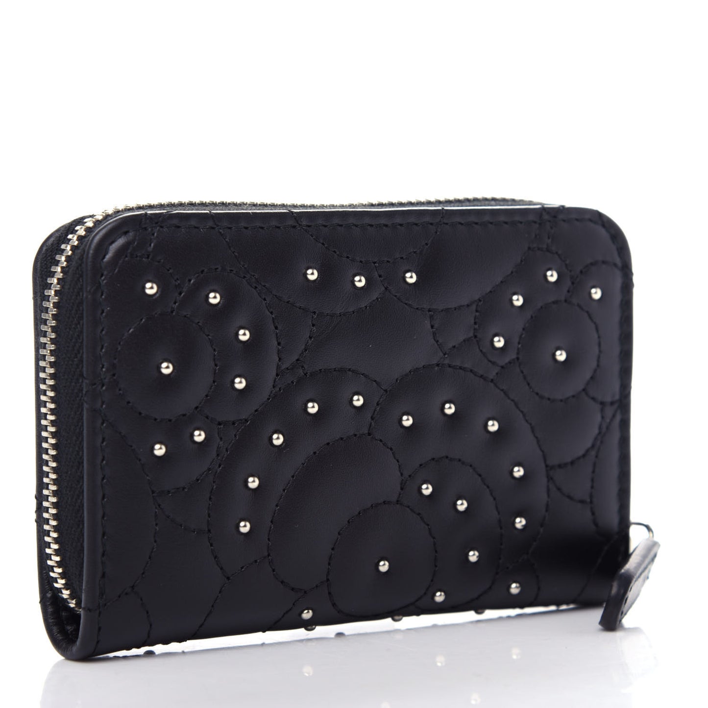 Lambskin Camellia Embossed Studded Zip Coin Purse Black