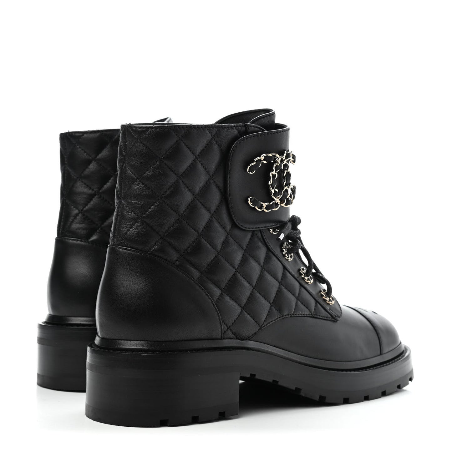 Shiny Lambskin Quilted Lace Up Combat Boots 39 Black