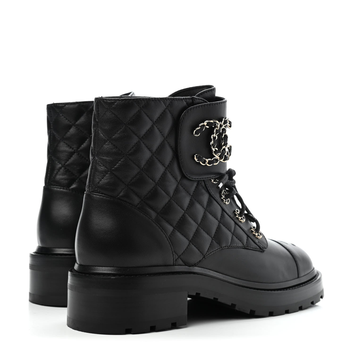 Chanel Shiny Lambskin Quilted Lace Up Combat Boots 39 Black 4 of 4