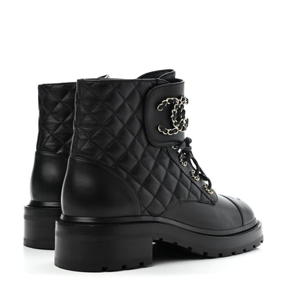 Chanel Shiny Lambskin Quilted Lace Up Combat Boots 39 Black 4 of 4