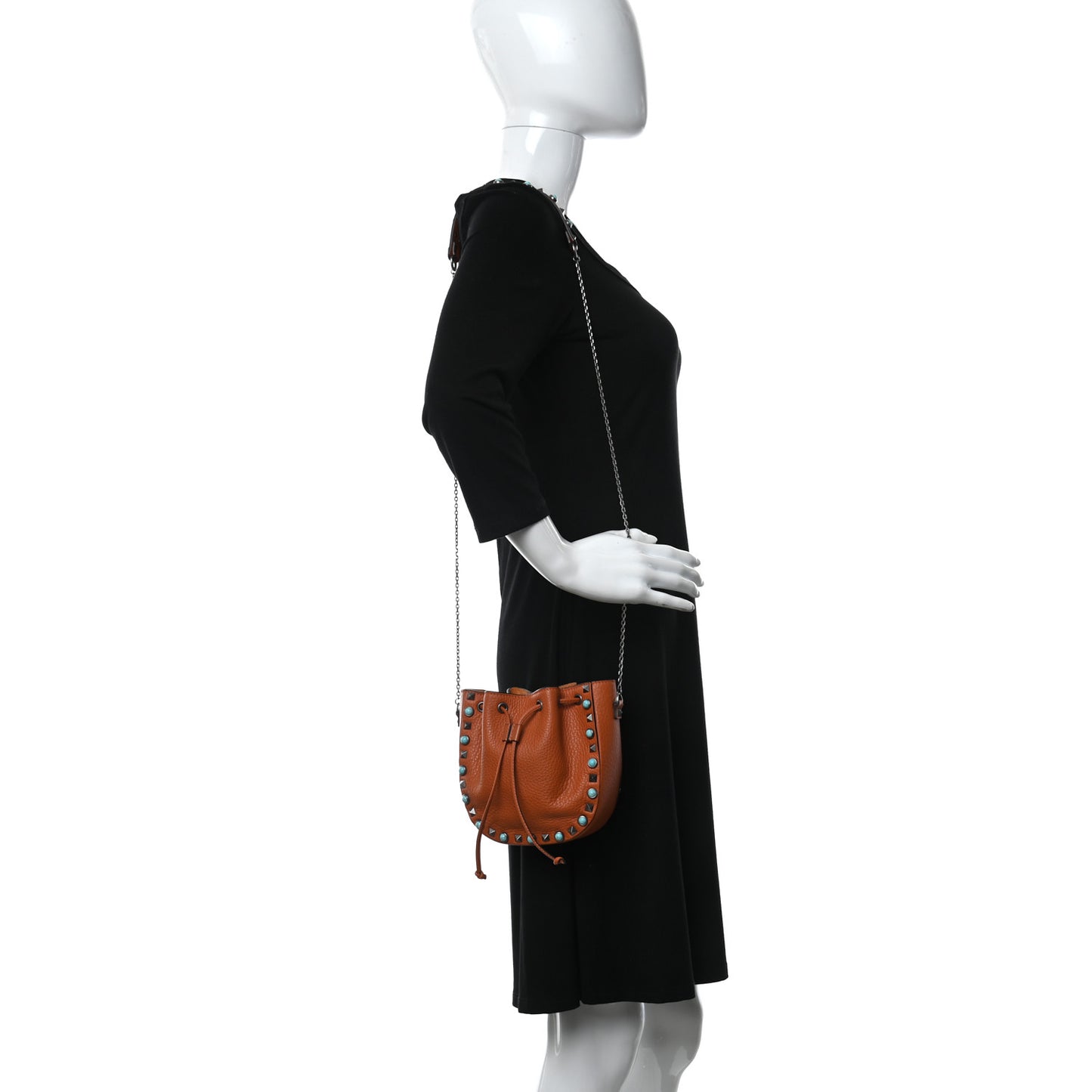 Grained Calfskin Turquoise Mini Rockstud Rolling Chain Strap Bucket Bag Orange