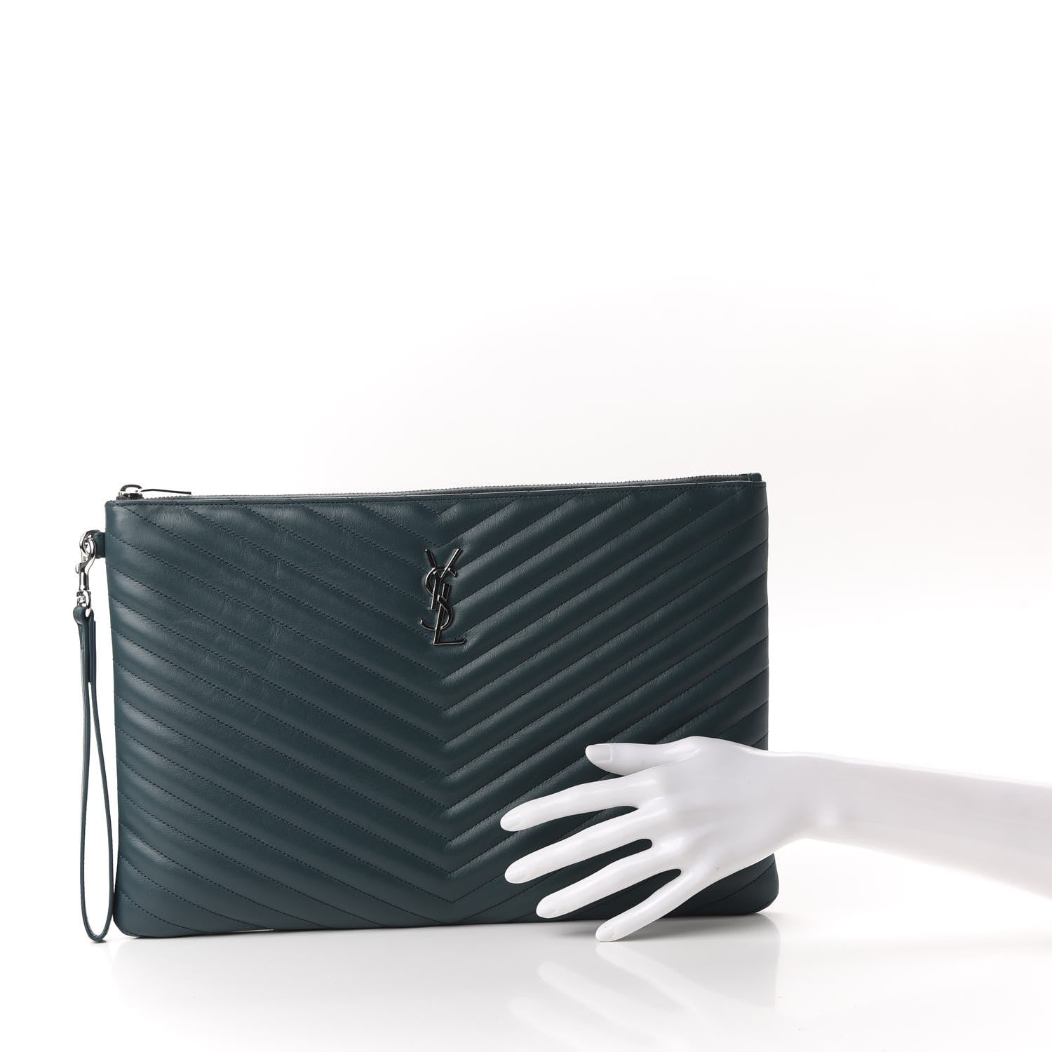 Saint Laurent Calfskin Matelasse Chevron Monogram Document Holder Dark Green 2 of 9