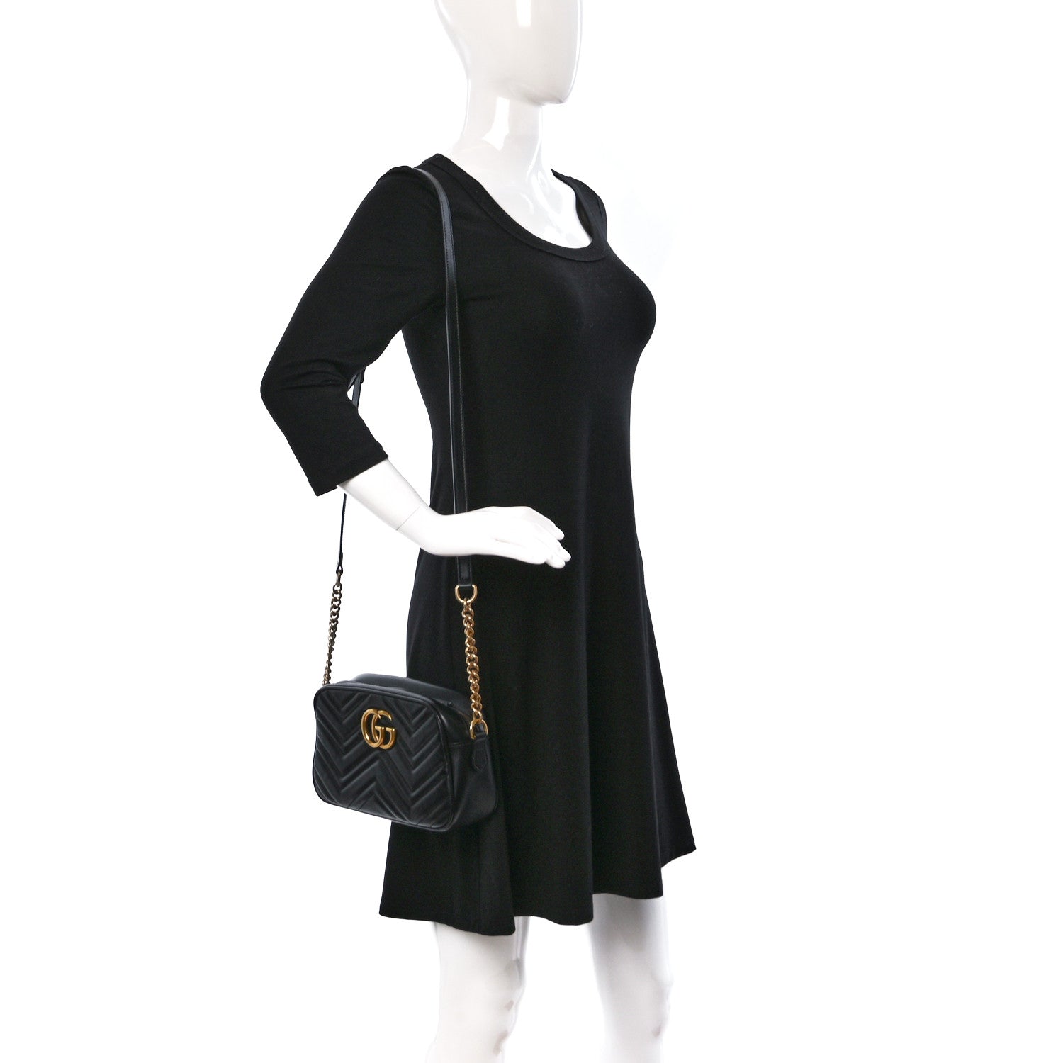 Gucci Calfskin Matelasse Small GG Marmont Chain Shoulder Bag Black 2 of 13