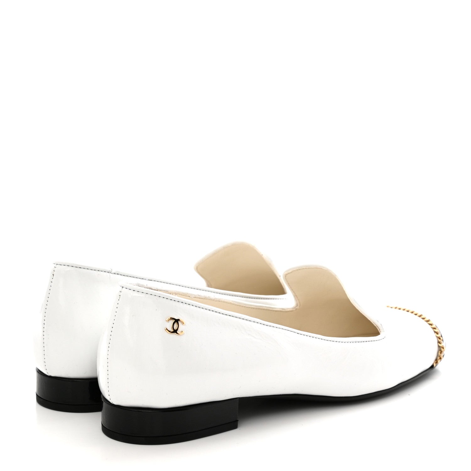 Chanel Patent Cap Toe Chain Moccasin Loafers 36.5 White Black 4 of 8