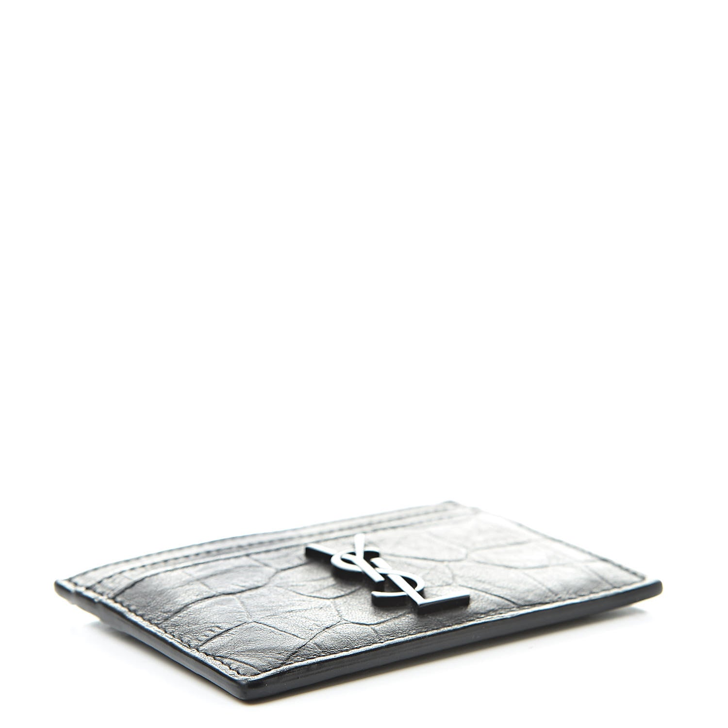 Saint Laurent Calfskin Crocodile Embossed Monogram Credit Card Case Black 4 of 8
