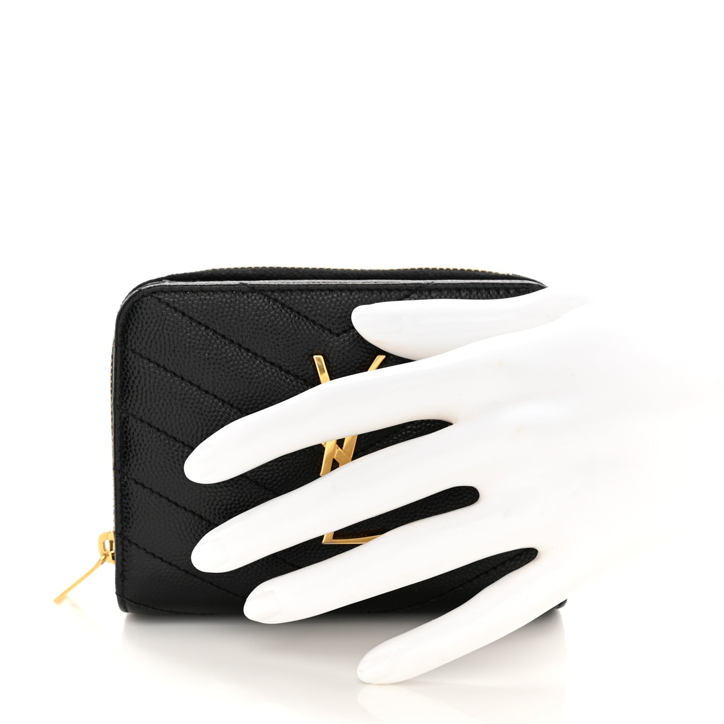 SAINT LAURENT Grain De Poudre Matelasse Chevron Monogram Compact Zip Around Wallet Black