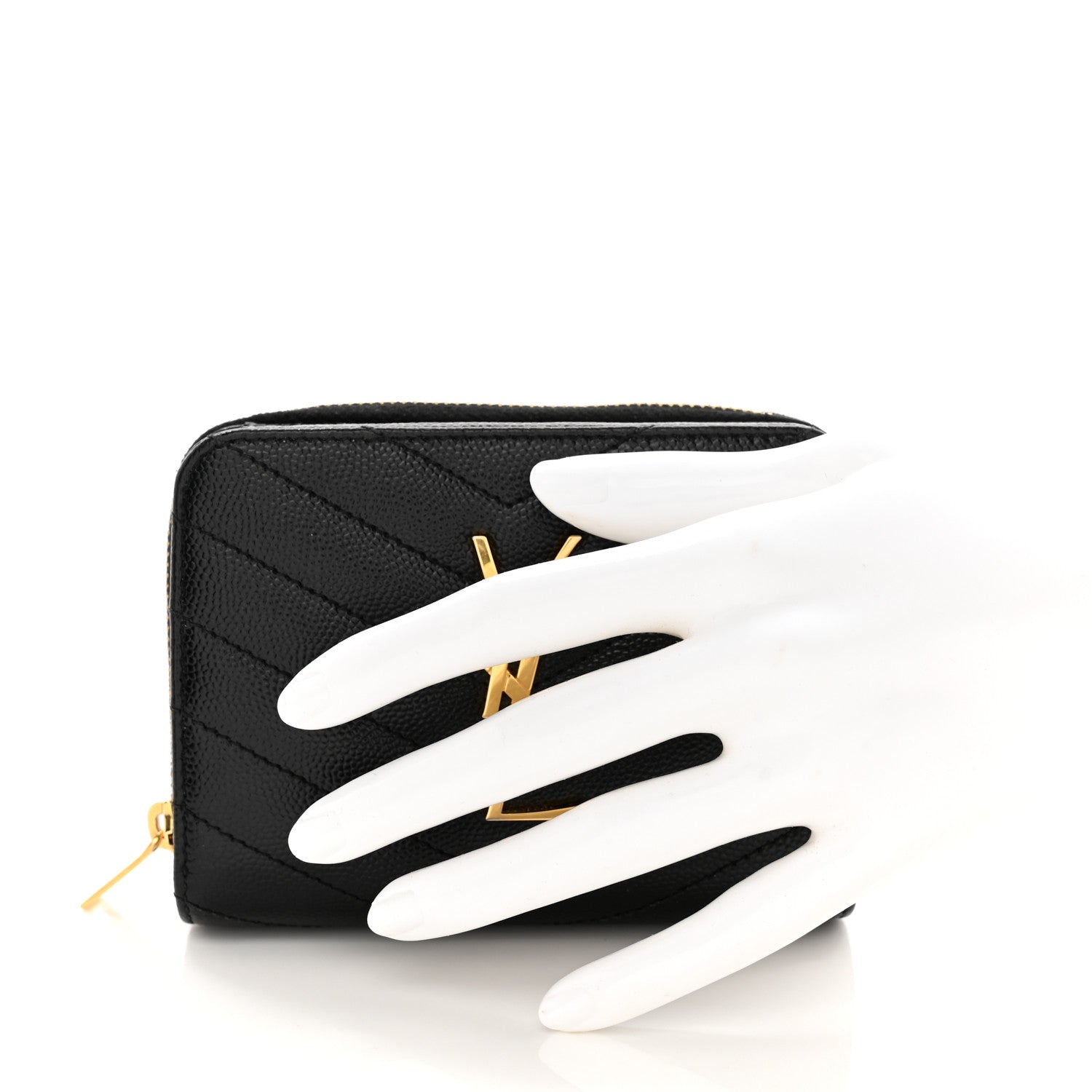 Saint Laurent SAINT LAURENT Grain De Poudre Matelasse Chevron Monogram Compact Zip Around Wallet Black 2 of 8