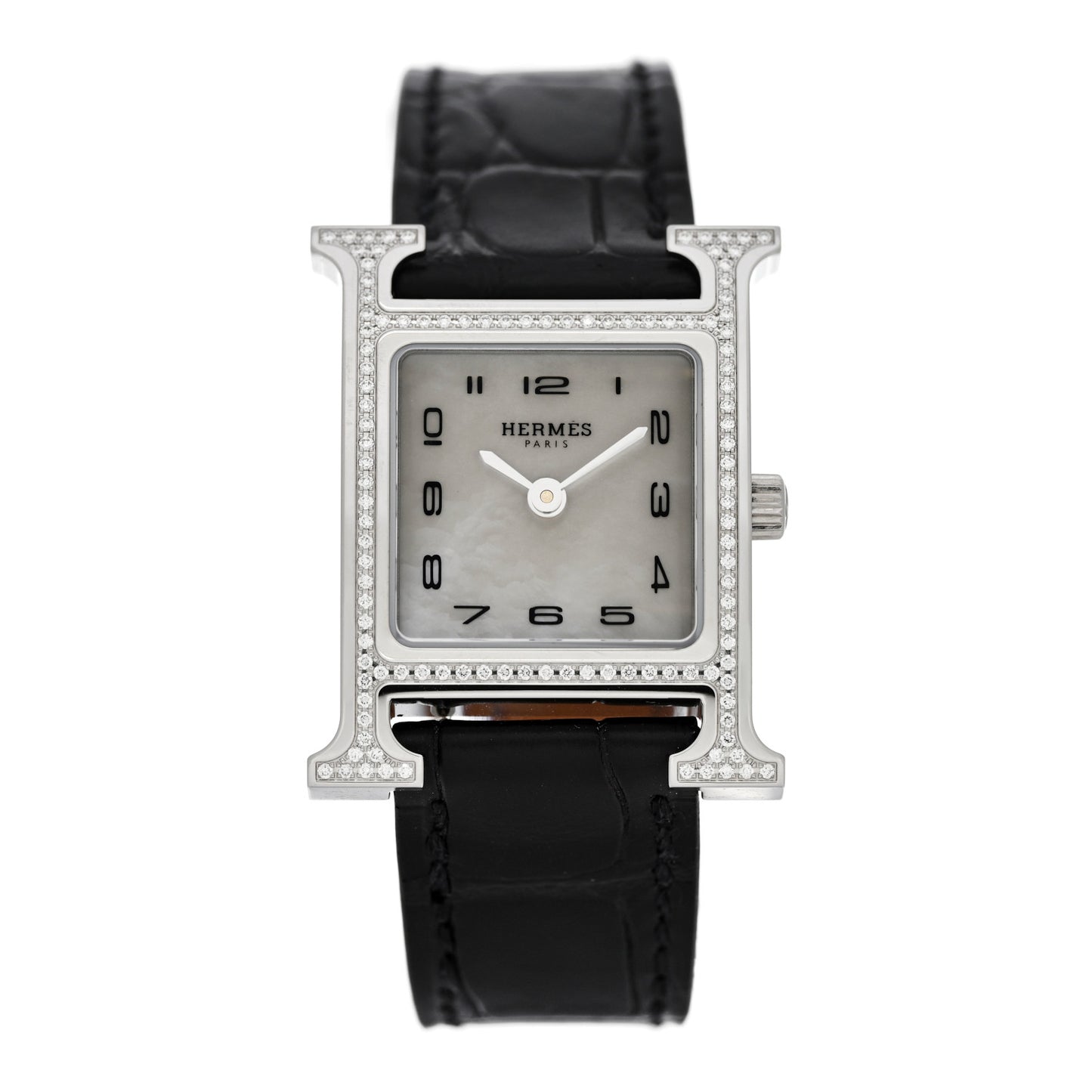 Stainless Steel Alligator Diamond Bezel Mother of Pearl 21mm Heure H Hour Quartz Watch Noir