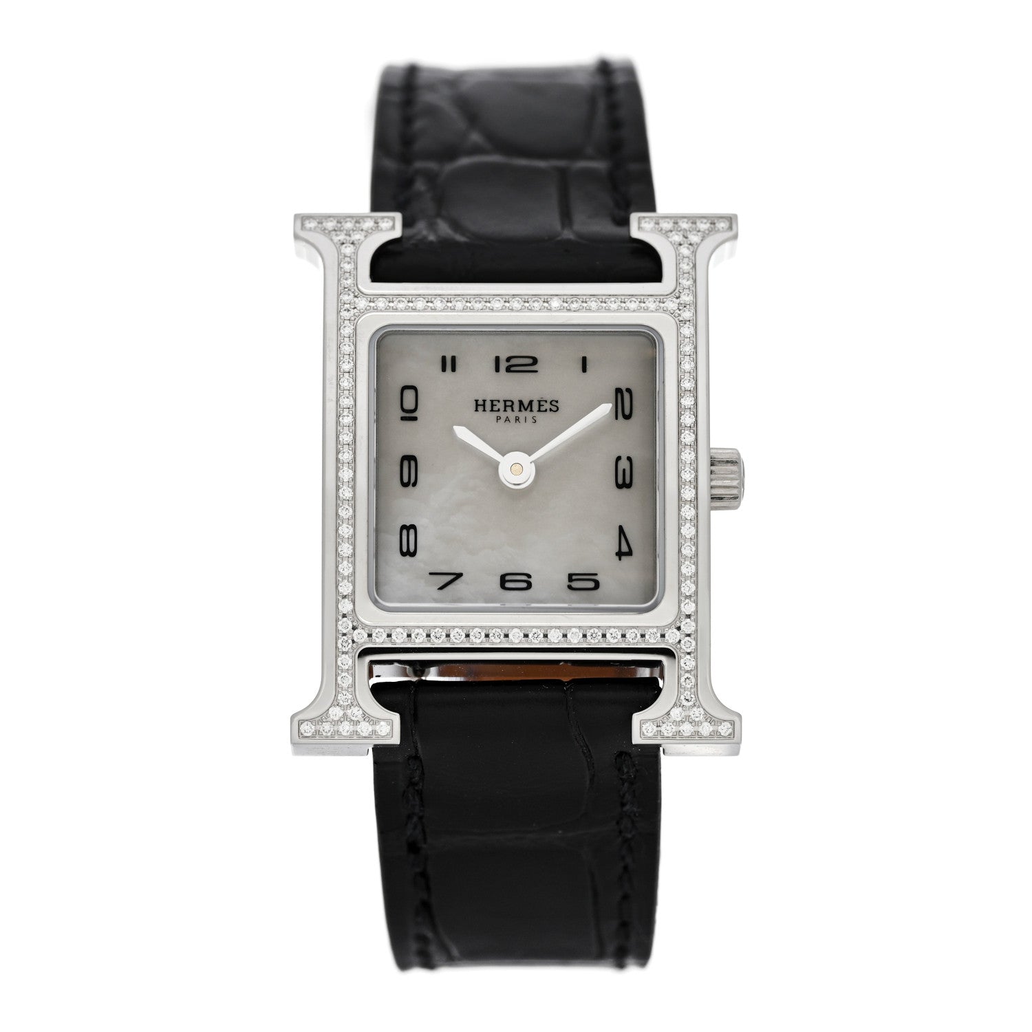 Hermes Stainless Steel Alligator Diamond Bezel Mother of Pearl 21mm Heure H Hour Quartz Watch Noir 1 of 5