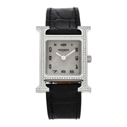 Hermes Stainless Steel Alligator Diamond Bezel Mother of Pearl 21mm Heure H Hour Quartz Watch Noir 1 of 5