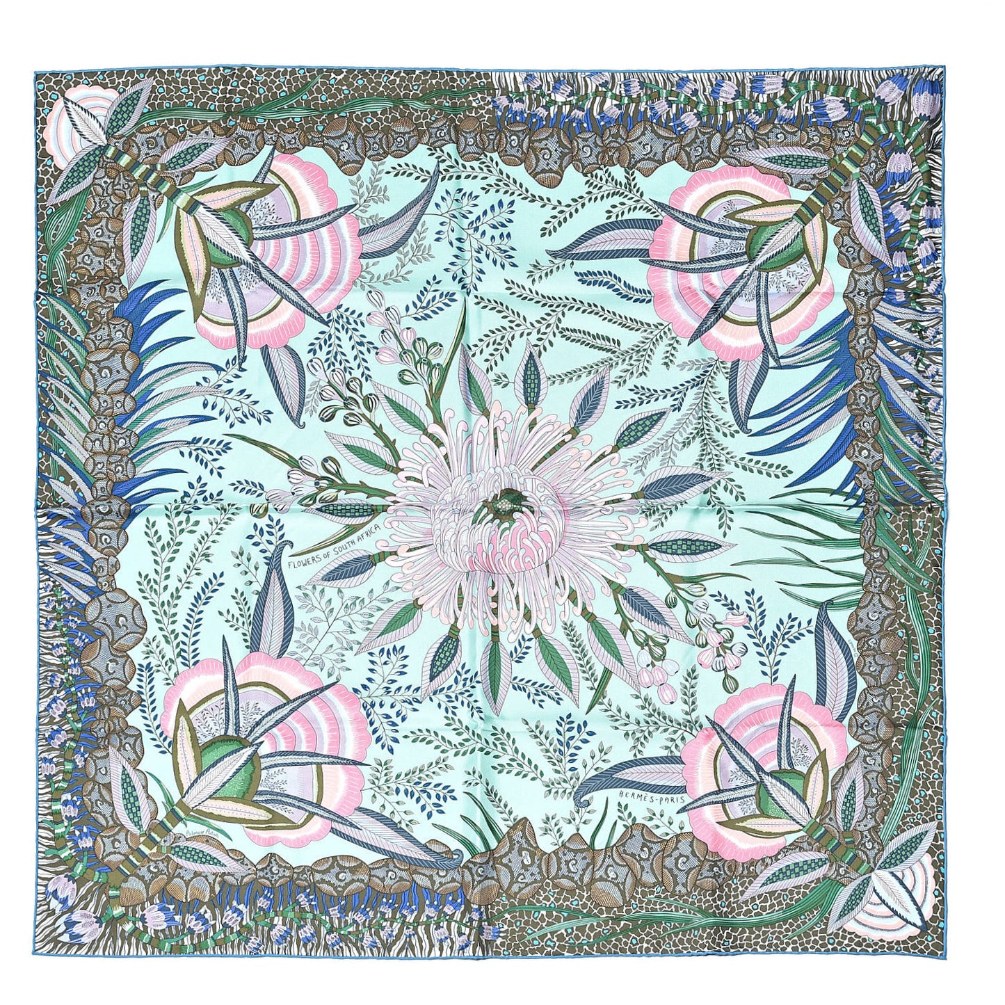 Silk Flowers of South Africa Scarf 90 Vert Jade Parme Rose