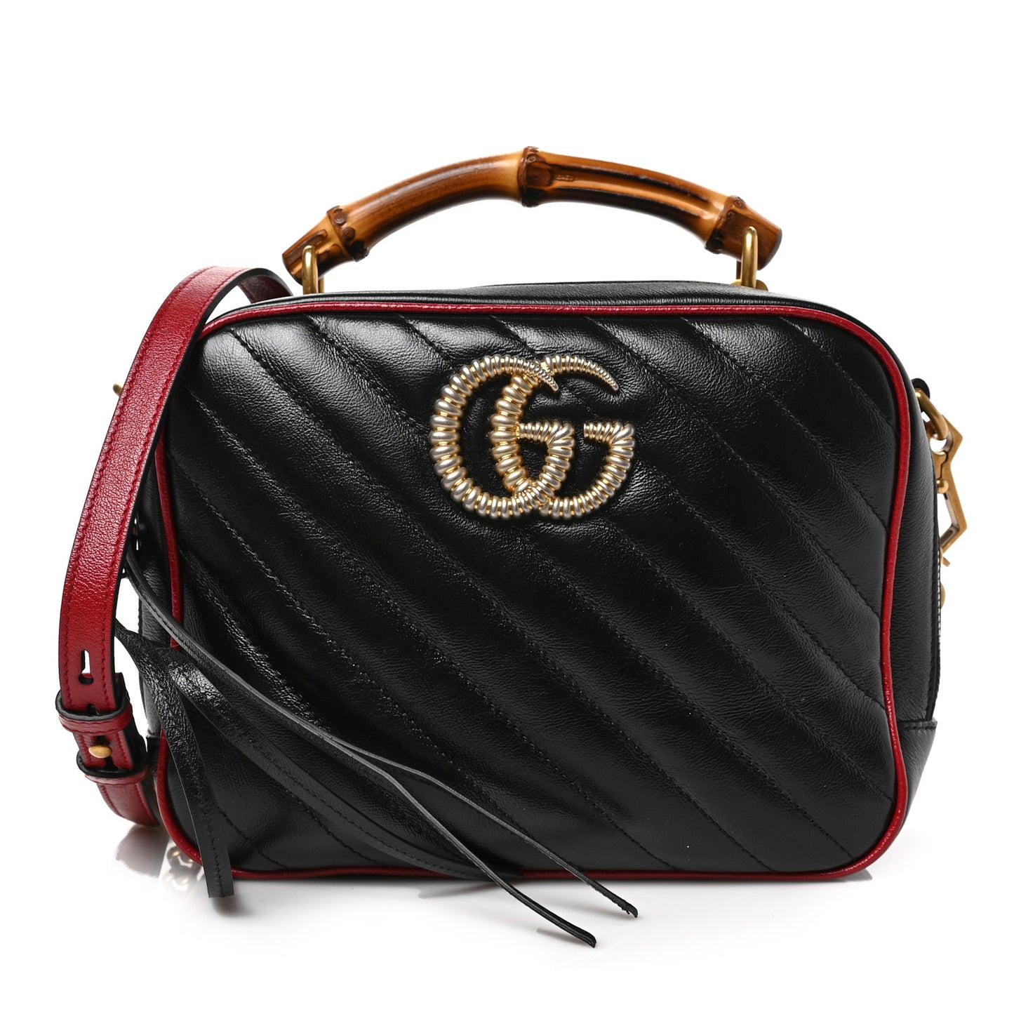 Vintage Effect Calfskin Matelasse Diagonal Small Torchon GG Marmont Bamboo Top Handle Shoulder Bag Black Romantic Cherry