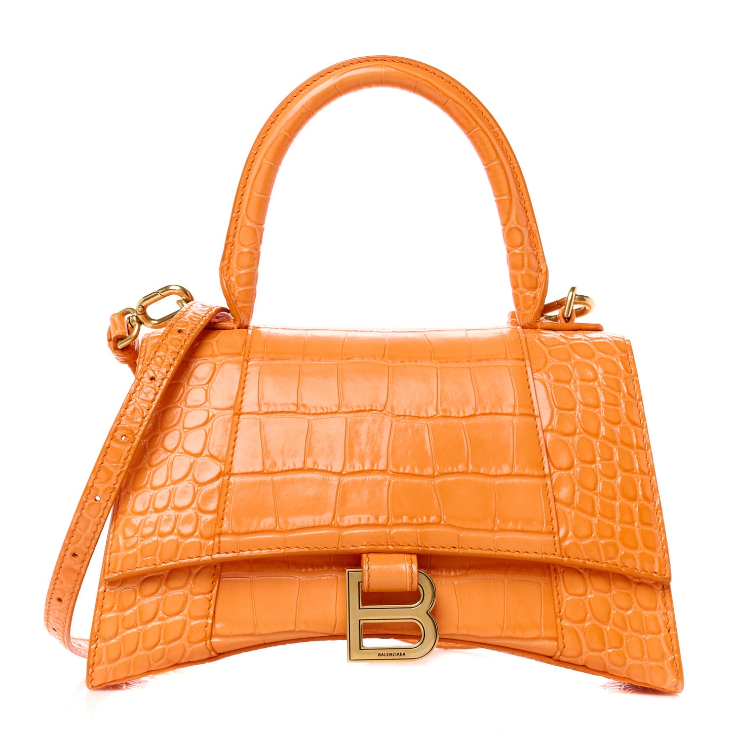 Shiny Calfskin Crocodile Embossed Small Hourglass Top Handle Bag Orange