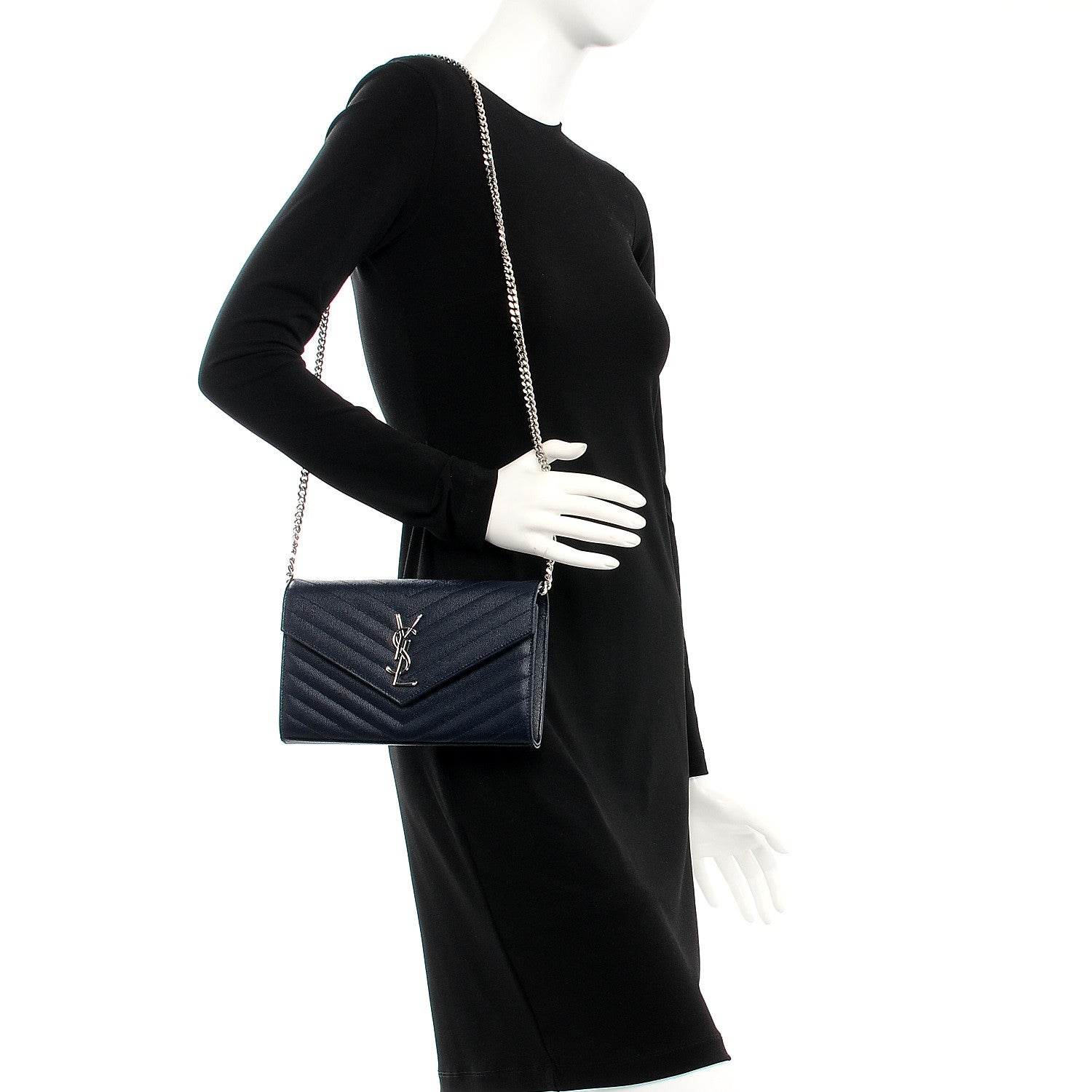 Saint Laurent Grain de Poudre Matelasse Chevron Medium Monogram Chain Wallet Blue 2 of 6