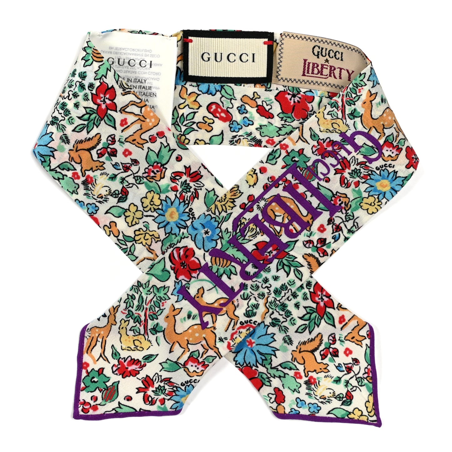 X LIBERTY OF LONDON Silk Floral Fawn Print Neck Bow Scarf Multicolor Purple Ivory
