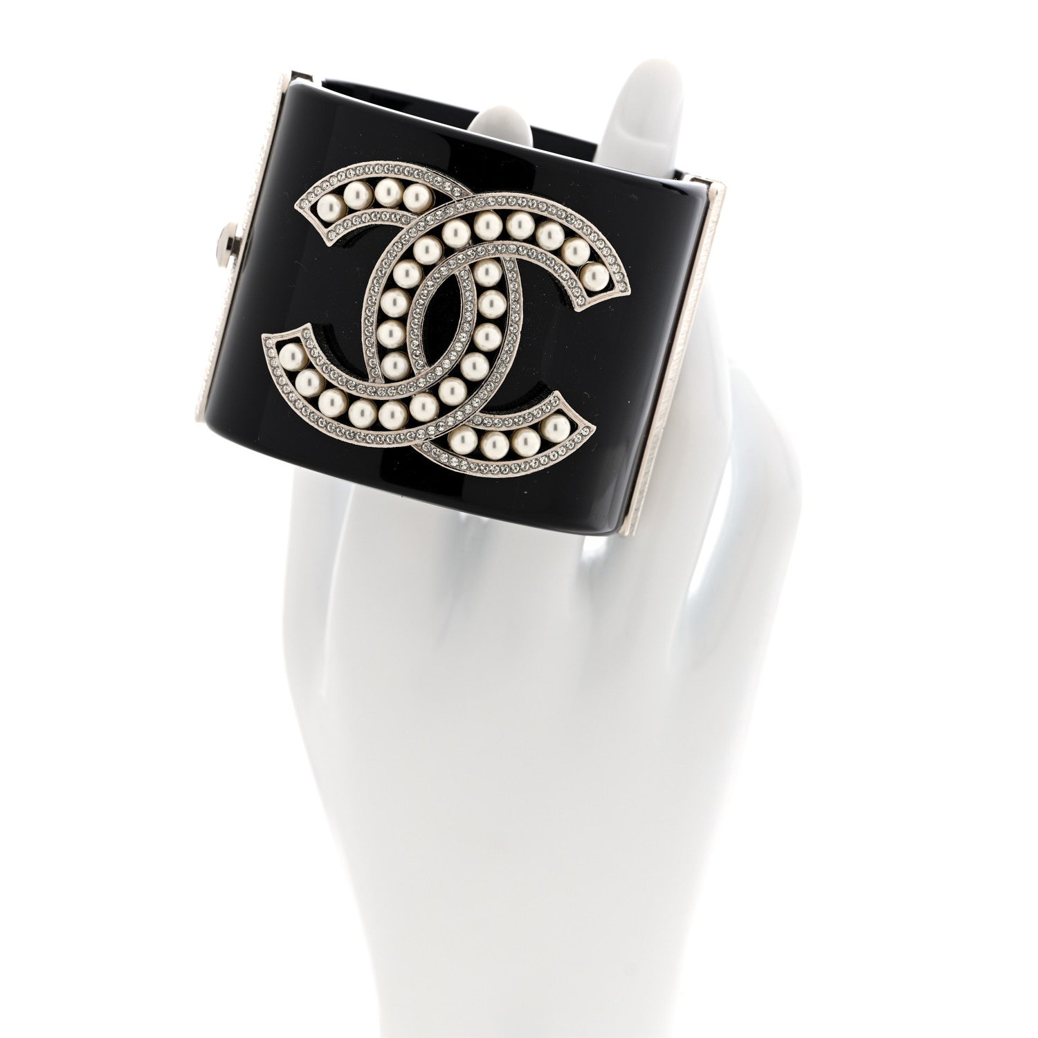 Chanel Resin Crystal Pearl CC Cuff Black 2 of 4