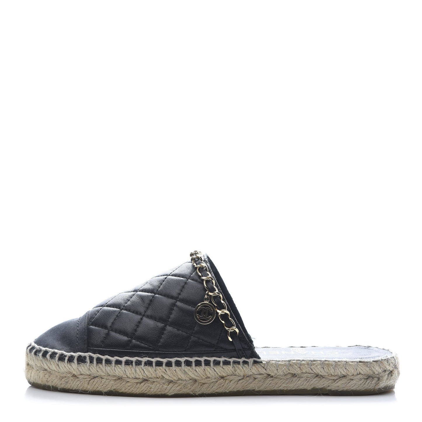 Lambskin Grosgrain Quilted CC Chain Espadrille Mules 37 Black