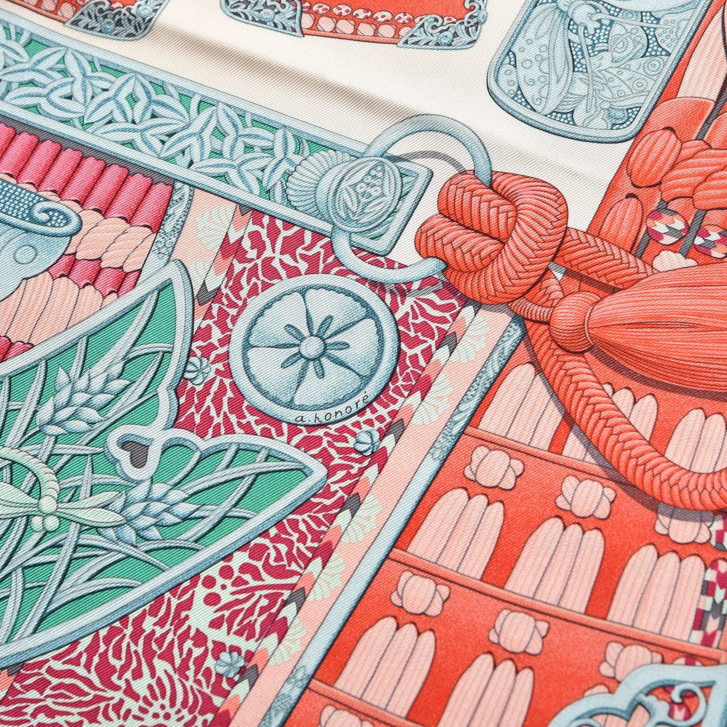 Silk Parures de Samourais Scarf 90 Creme Aqua Coral
