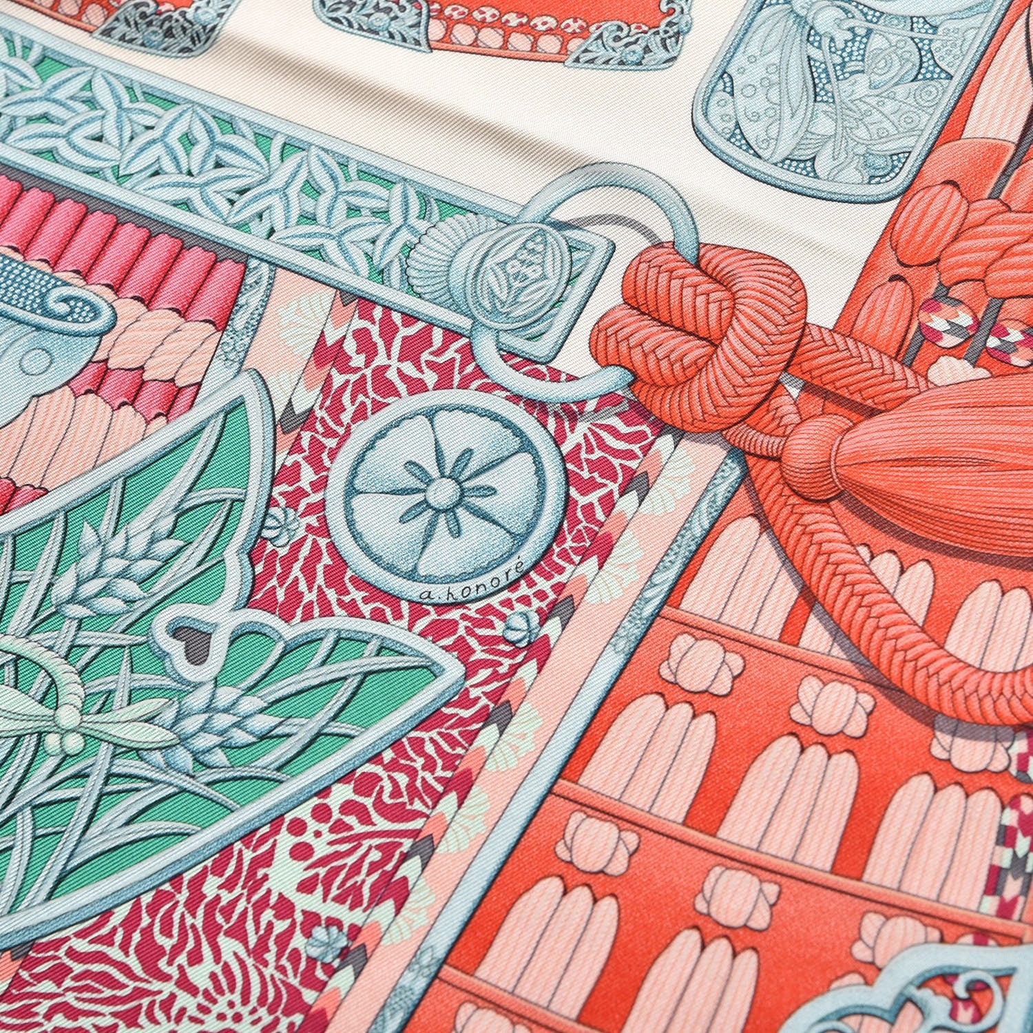 Hermes Silk Parures de Samourais Scarf 90 Creme Aqua Coral 5 of 7