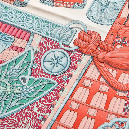 Hermes Silk Parures de Samourais Scarf 90 Creme Aqua Coral 5 of 7