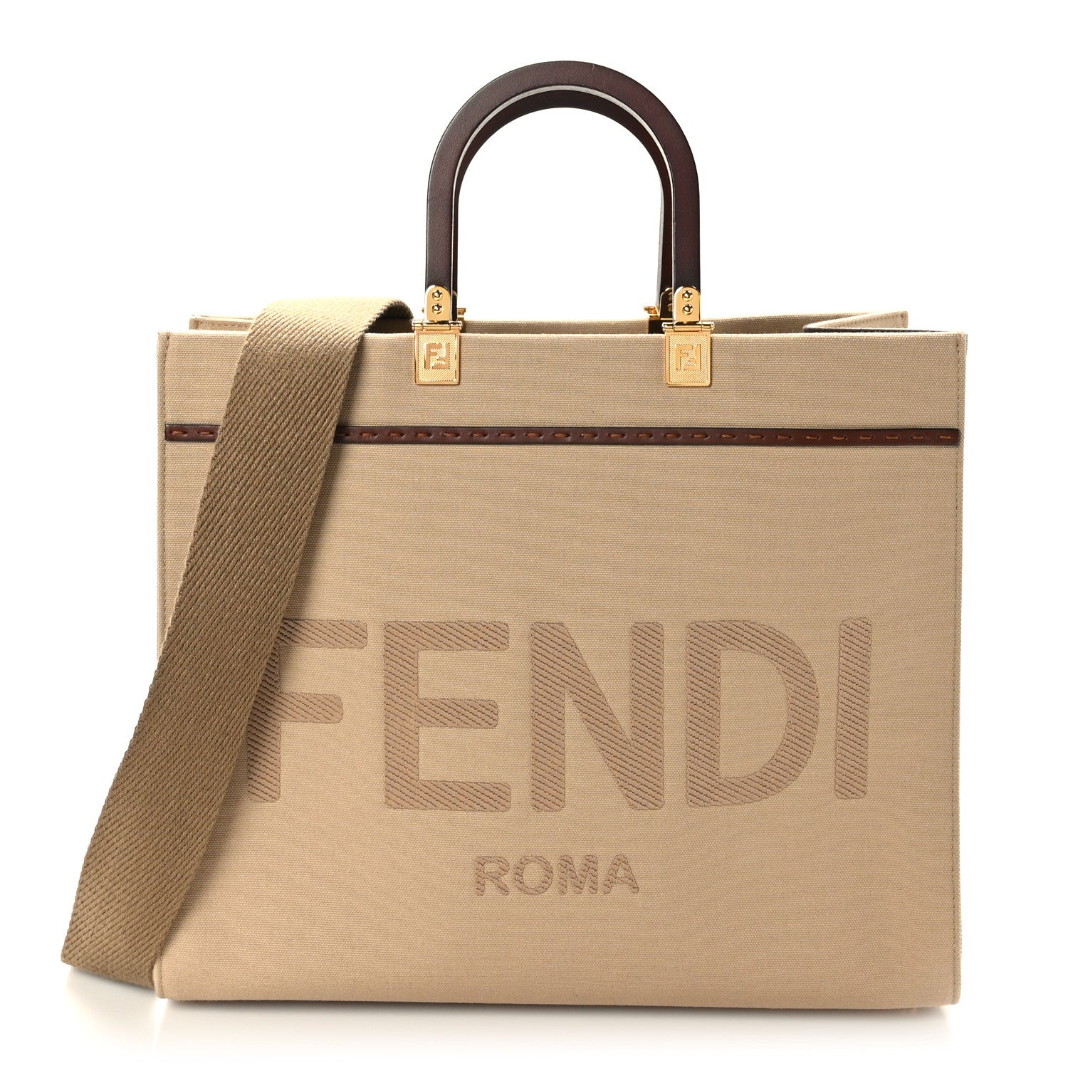 Fendi Canvas Vitello King Logo Embroidered Medium Fendi Sunshine Shopper Tote Sand Ghianda 1 of 8