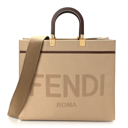 Fendi Canvas Vitello King Logo Embroidered Medium Fendi Sunshine Shopper Tote Sand Ghianda 1 of 8