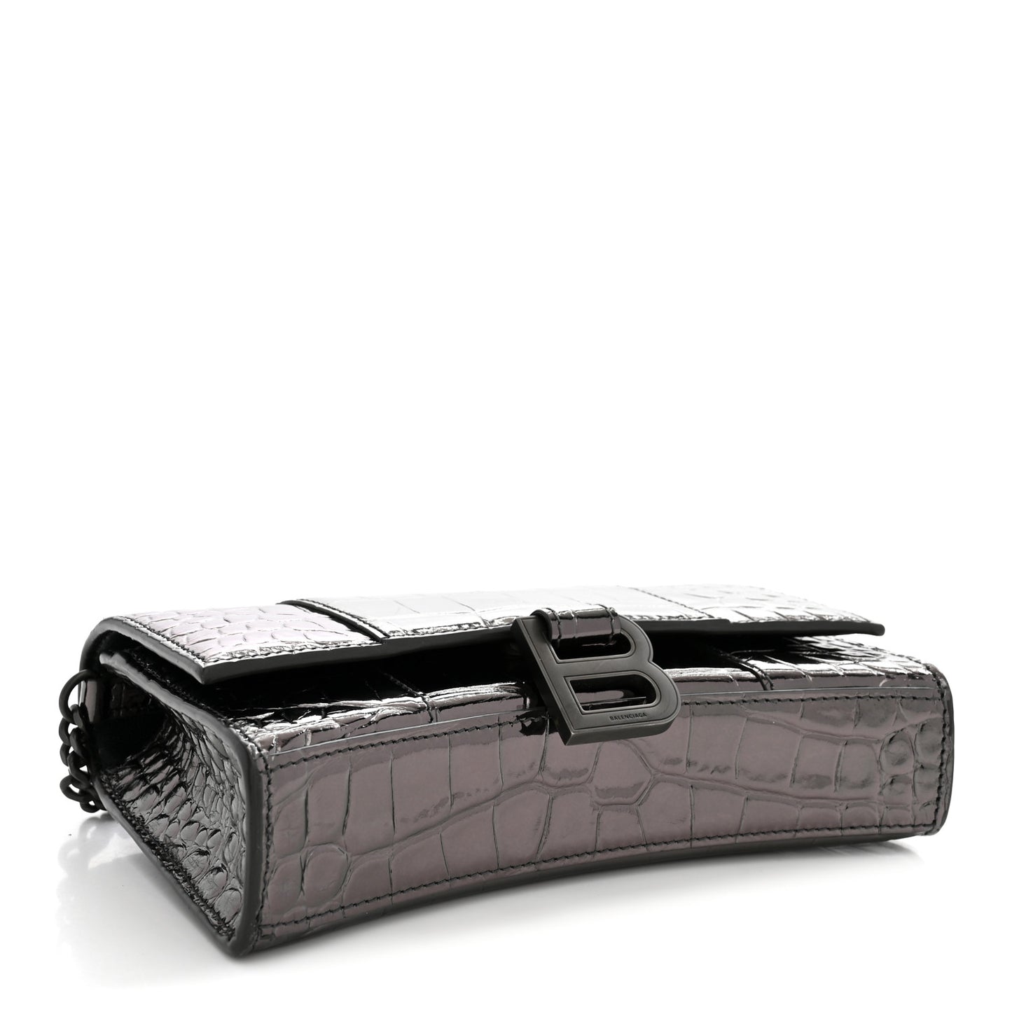 Shiny Metallic Calfskin Crocodile Embossed Hourglass Chain Bag Gunmetal