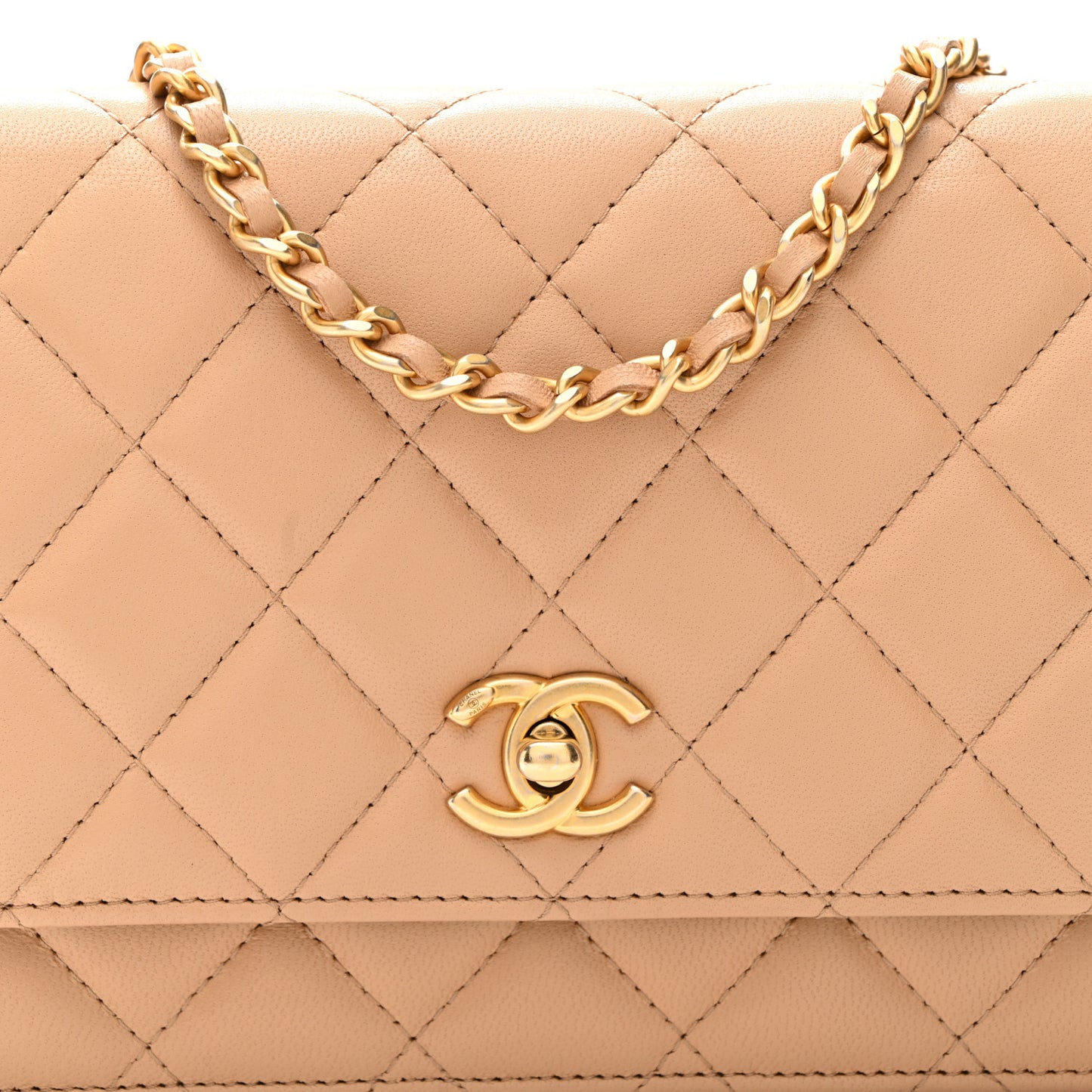 Lambskin Quilted CC Pearl Crush Wallet on Chain WOC Beige