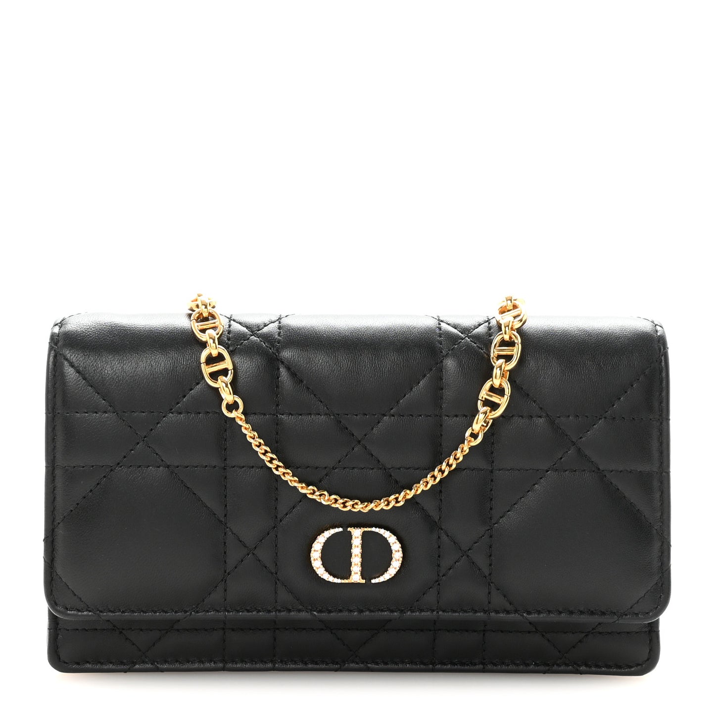 Lambskin Crystal Macrocannage Caro Pouch With Chain Black