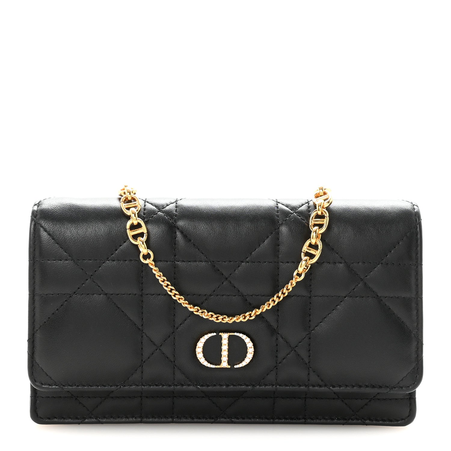 Christian Dior Lambskin Crystal Macrocannage Caro Pouch With Chain Black 1 of 9