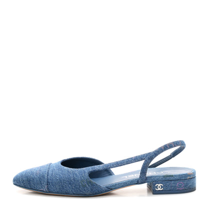 Chanel Denim Printed Denim Mood Cap Toe CC Slingback Flats 36.5 Light Blue Multicolor 1 of 9