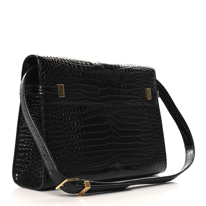 Saint Laurent Shiny Calfskin Crocodile Embossed Manhattan Baguette Black 3 of 12