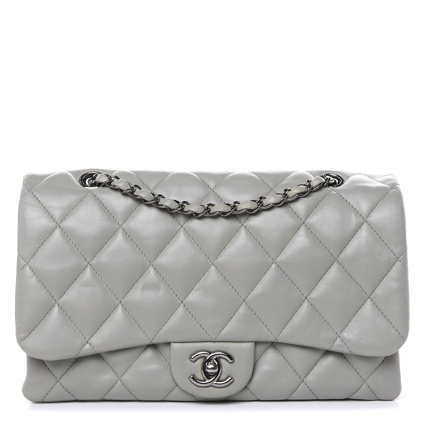Lambskin Quilted Large 3 Flap Bag Grey