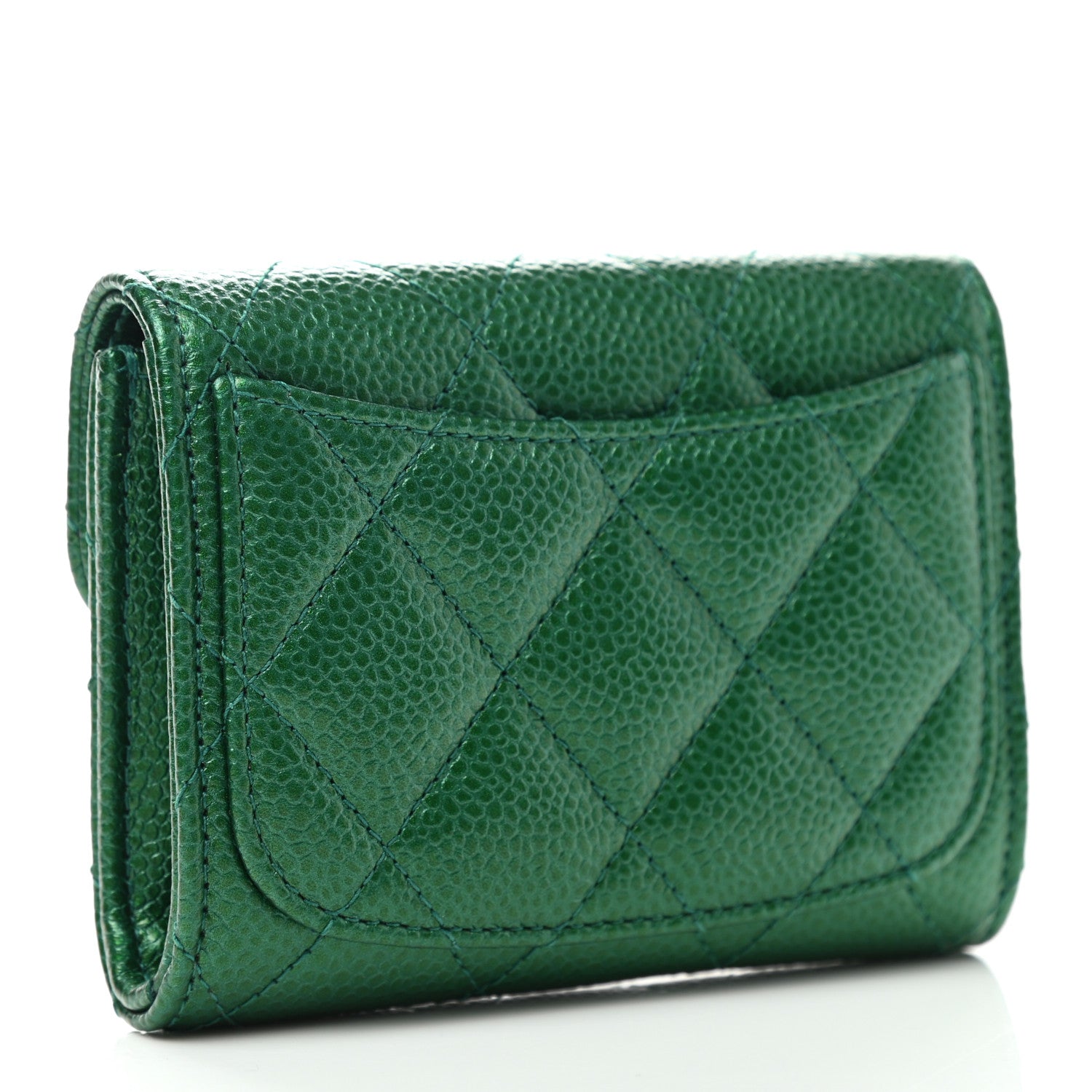 Chanel Metallic Caviar Quilted Card Holder Wallet Green 3 of 9