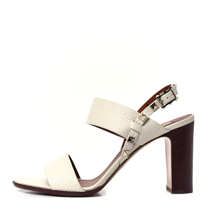 Valentino Garavani Pebbled Calfskin Rockstud Double Slingback Strap 85mm Sandals 39 Light Ivory 1 of 9