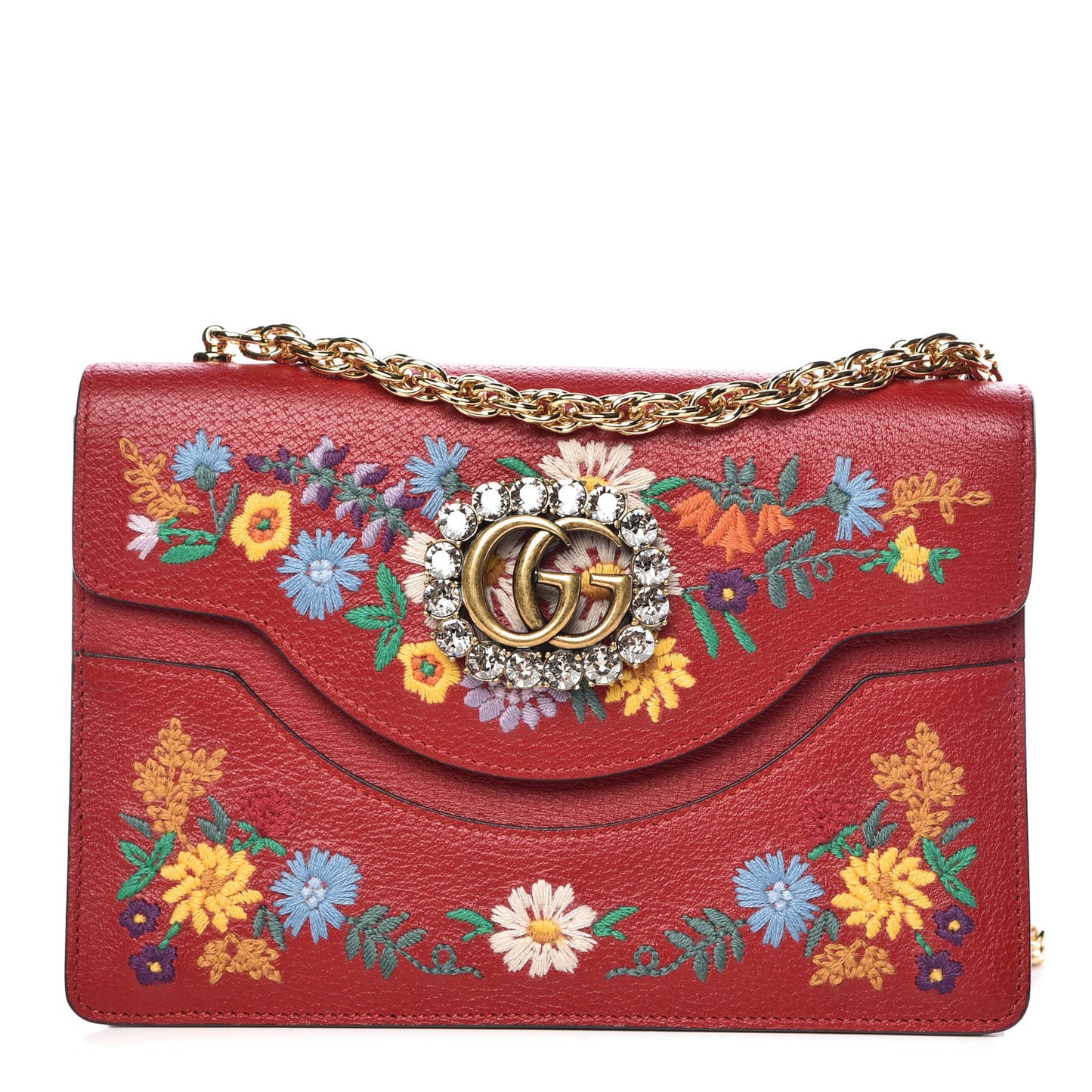 Textured Calfskin Embroidered Small Shoulder Bag Hibiscus Red Multicolor