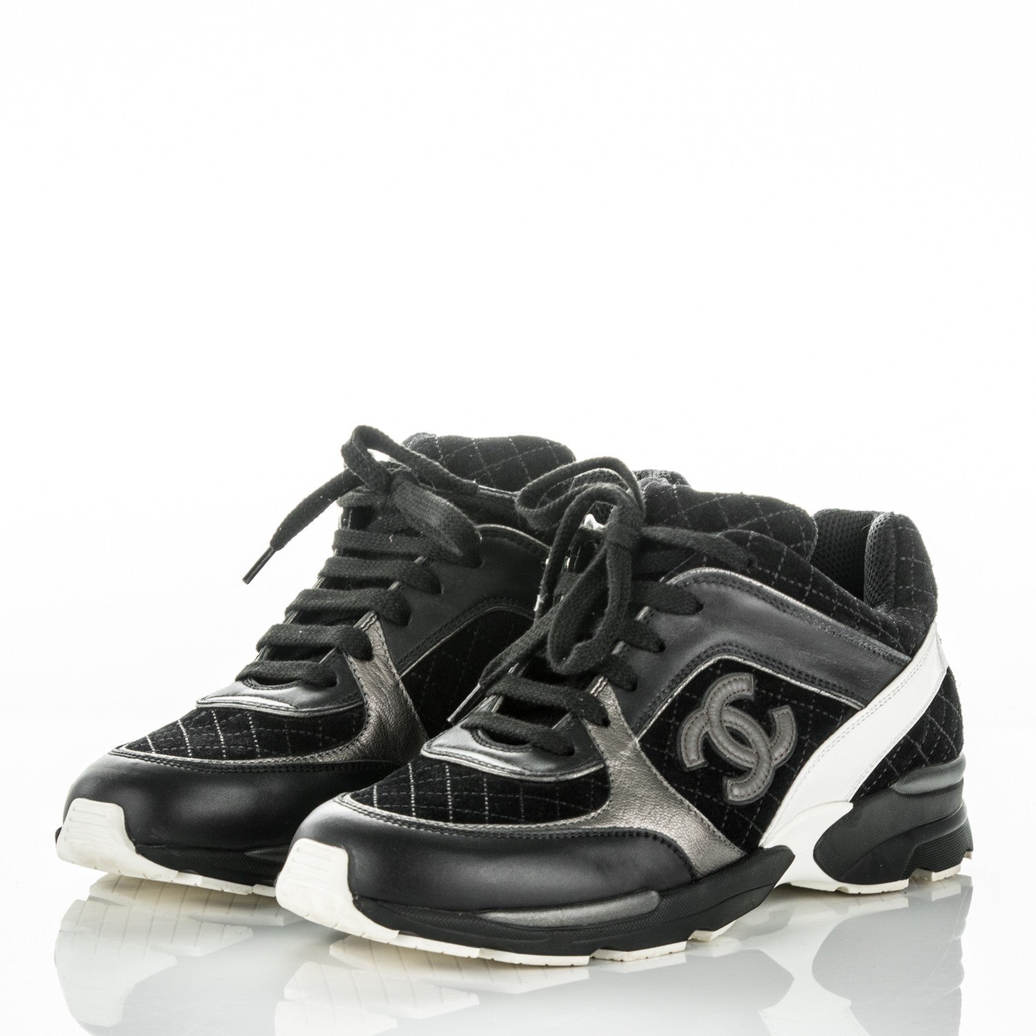 Chanel Suede Quilted CC Sneakers 40.5 Black White 3 of 7