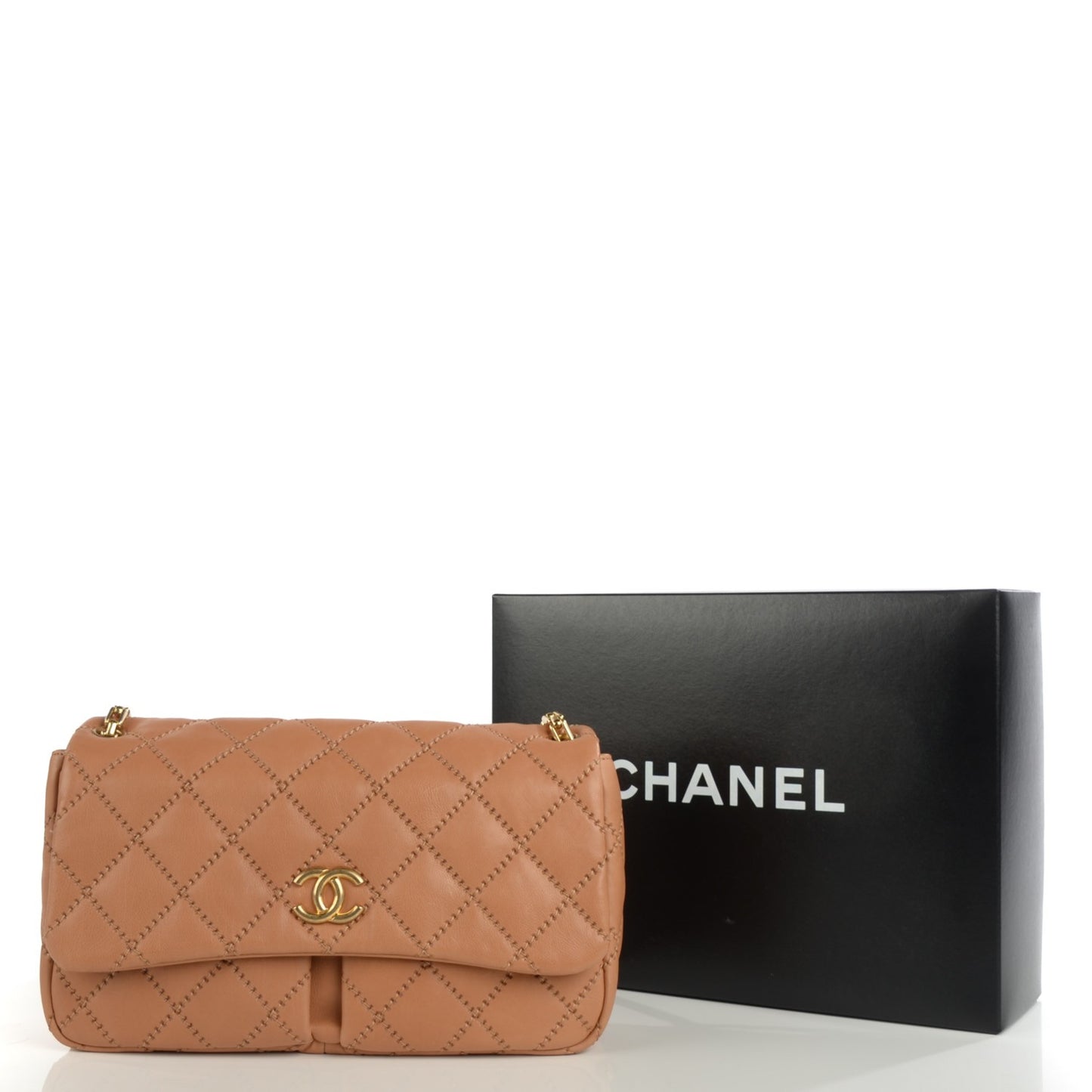 Calfskin Quilted Large Retro Chain Flap Beige